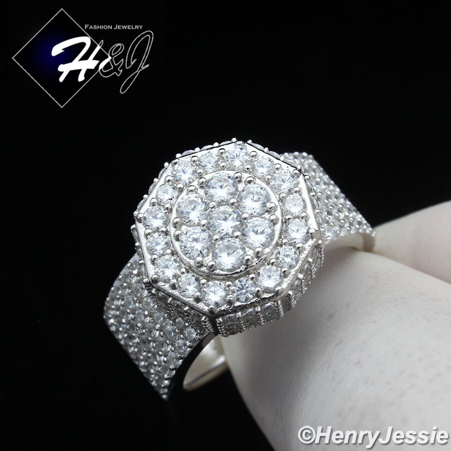 MEN SOLID 925 STERLING SILVER ICY BLING CUBIC ZIRCONIA HIPHOP RHOMBUS RING*SR191