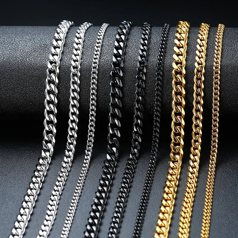 Stainless Steel Cuban Chain Necklace Silver Plated Choker Mens 3/5/7/9/11mm