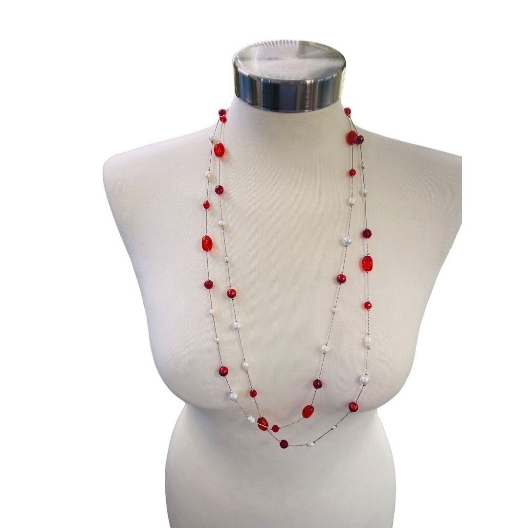 Silvertone Red Chain Necklace Strand String 67″ Lobster Clasp Faux Assorted Pear