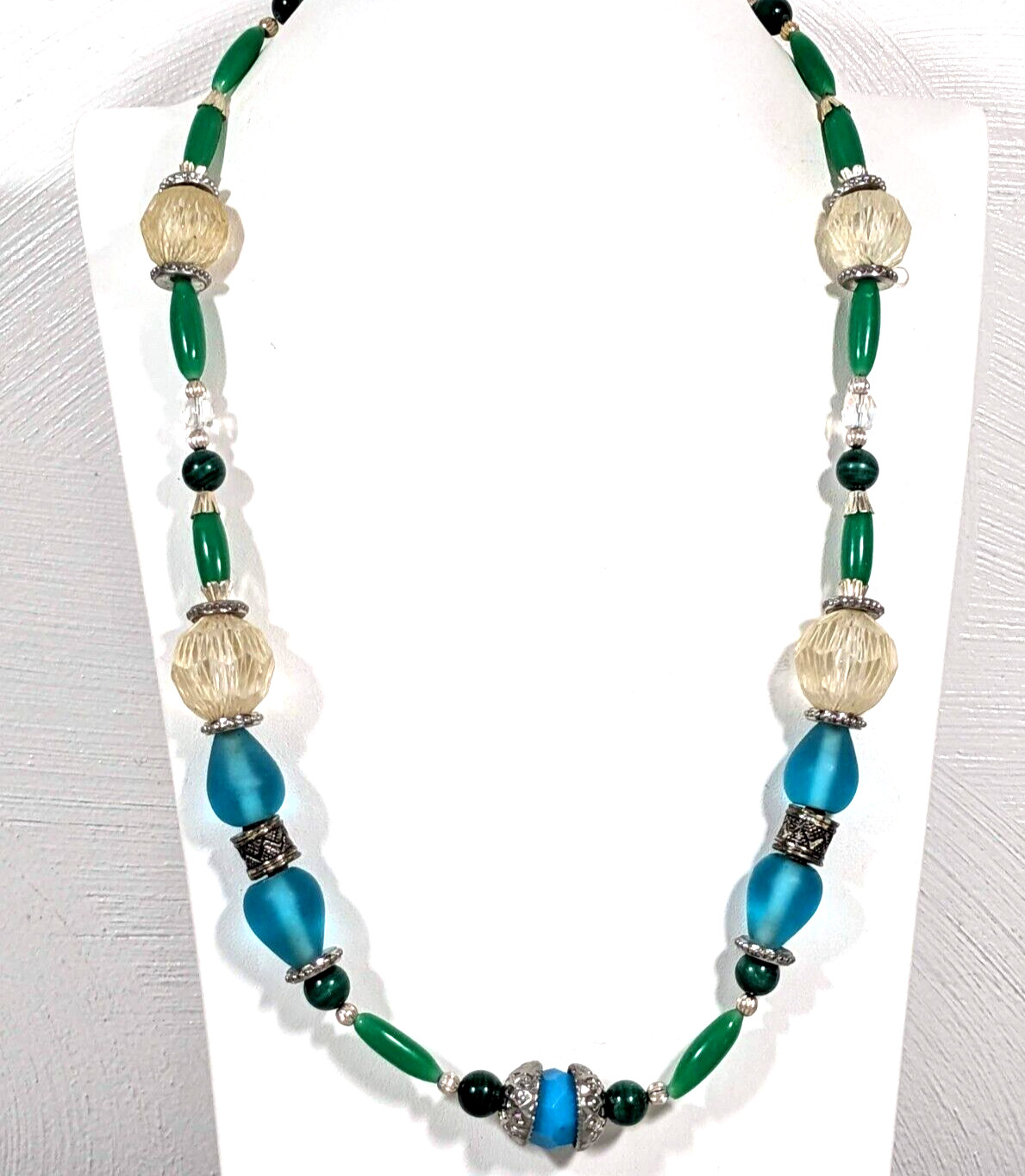 Beachy Tribal Boho Blue Green Glass stone Lucite Bead Bali Style Necklace 23 in
