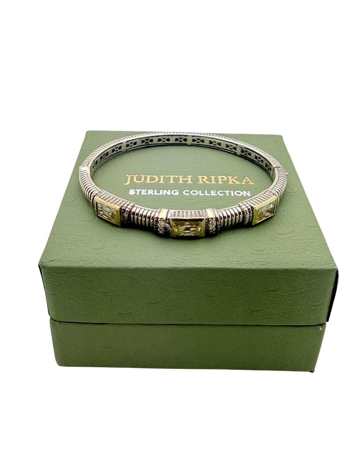 Judith Ripka Sterling & 18K Yellow Gold Citrine Diamond Small Bangle Bracelet