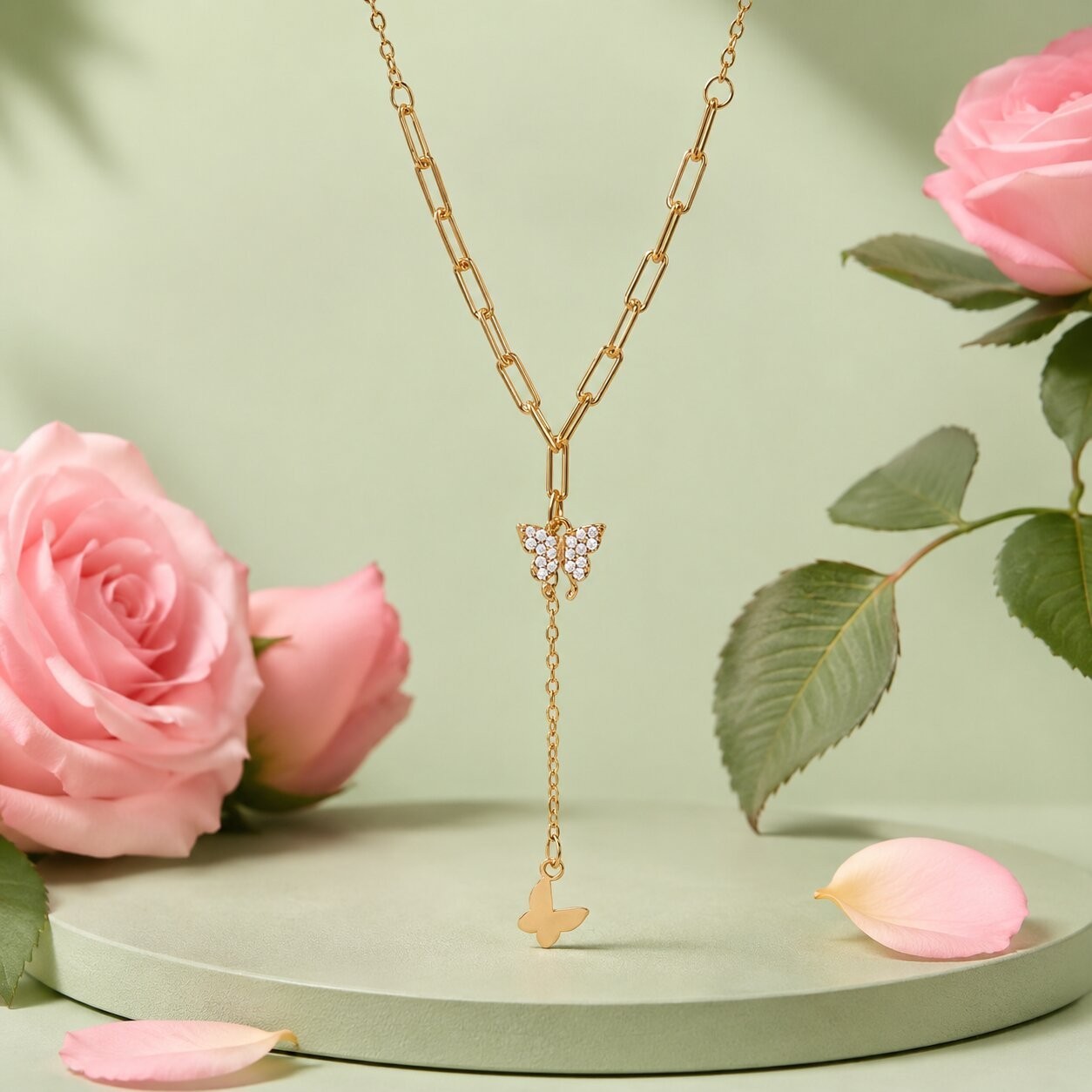 Gold Butterfly Y Necklace Crystal Pendant Drop Chain Necklace Women Gift 5g