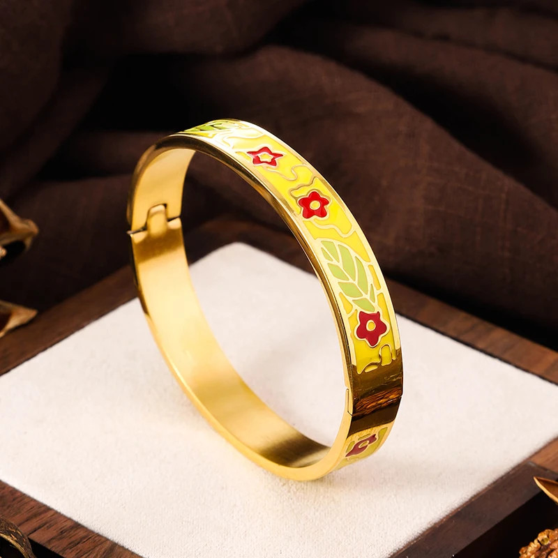 Stainless Steel Enamel Cuff Bangle Women Gold Tone Geometric Round Jewelry