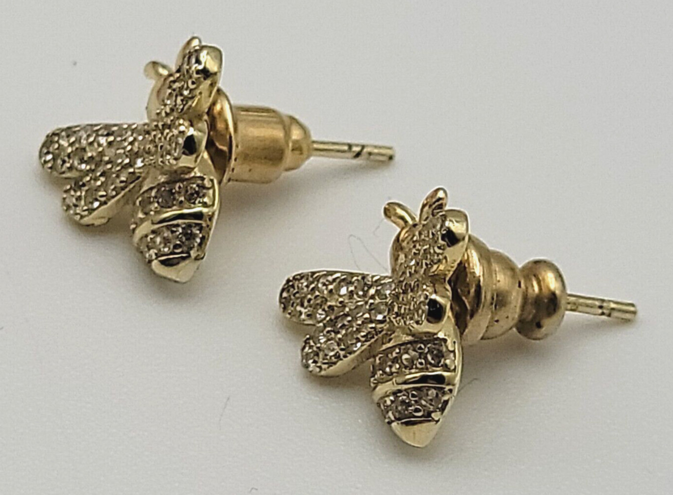 925 ATI CN Figural Honey Bee Stud Earrings Gold Tone Clear Cubic Zirconia Pave
