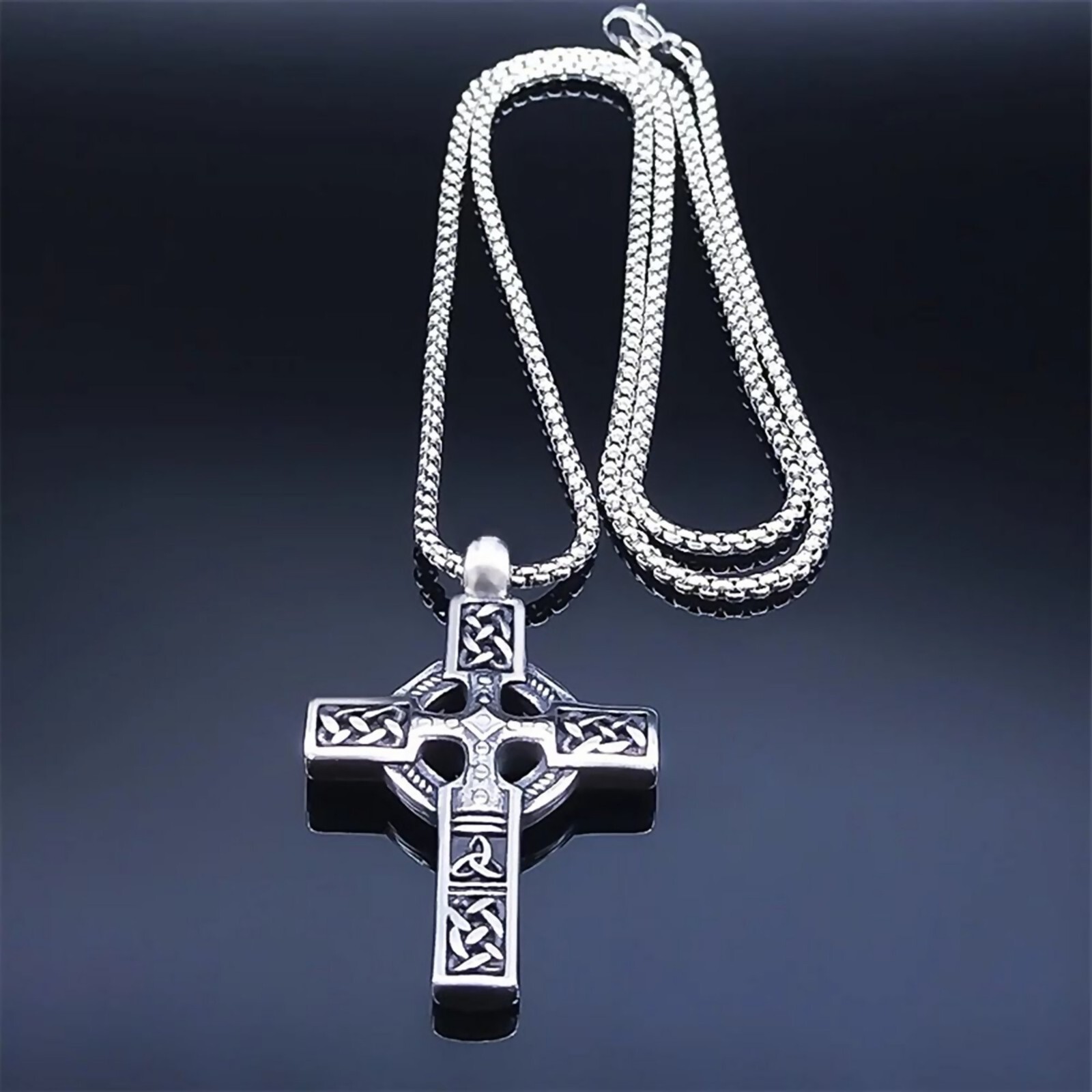 Medieval Celtic Cross Necklace Silver Stainless Steel Irish Crucifix Pendant