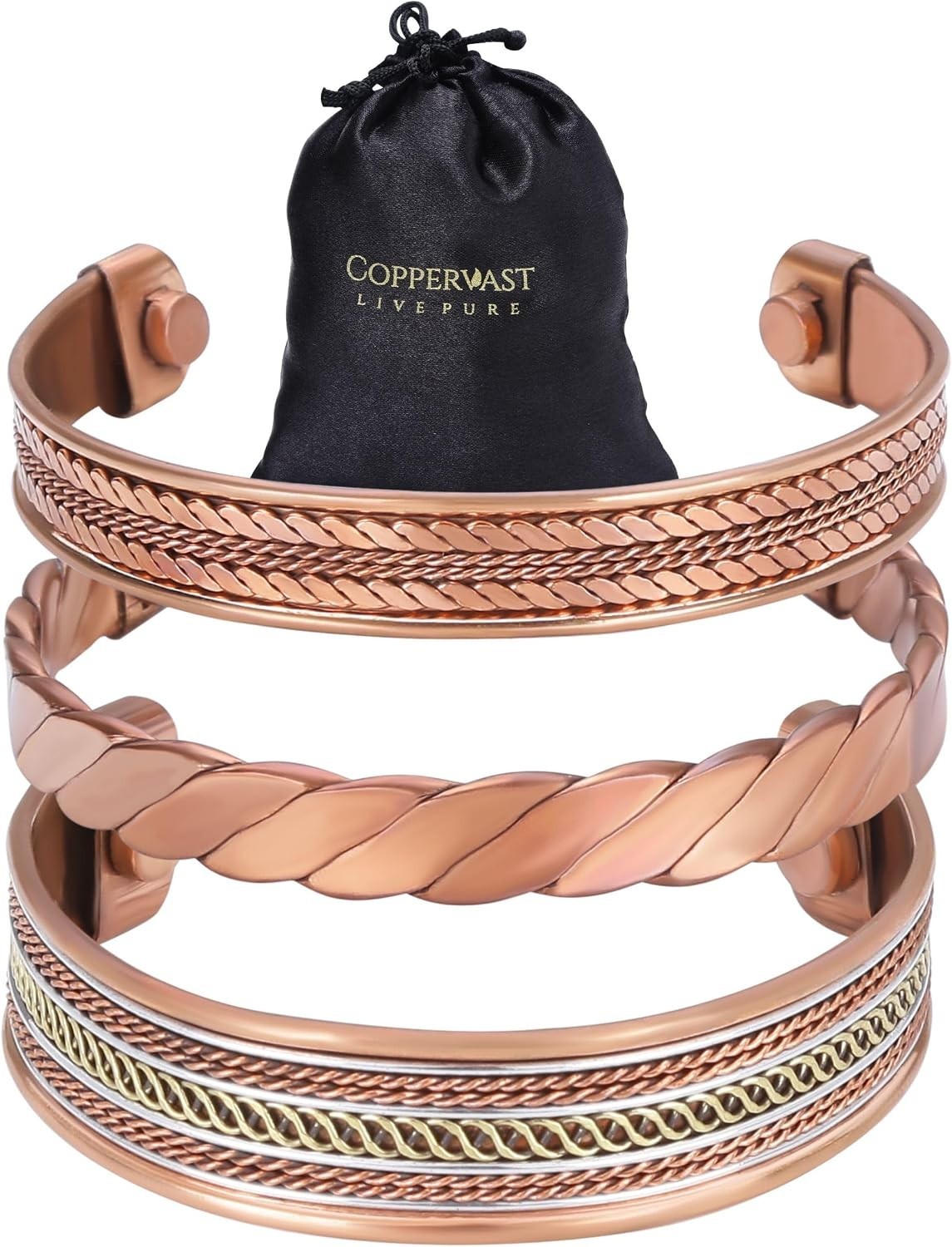 Stylish 3-Piece Copper Bracelet Set for Adults – Perfect Gift with Velvet Bag