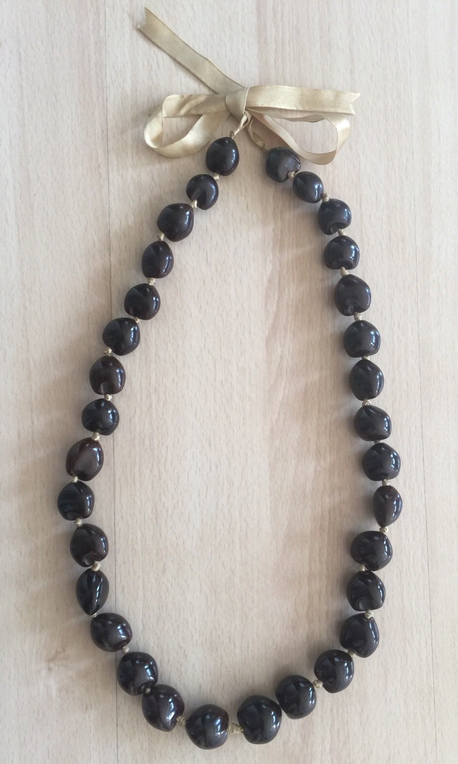 Kukui Hawaiian Lei Brown Necklace on Beige Ribbon from Hawaii