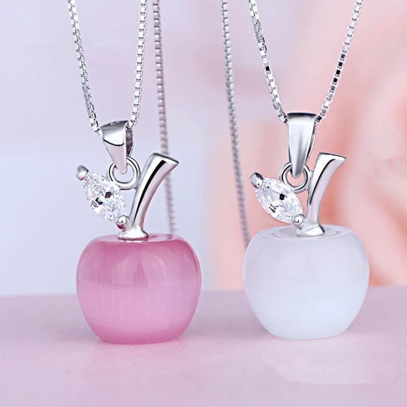 Apple Crystal Pendant Necklace Silver Chain Teacher Gift Fruit Charm Jewelry