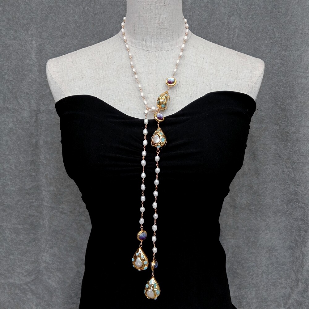 Cultured White Rice Pearl Larimar Purple Murano Glass Long Rosary Chain Necklace