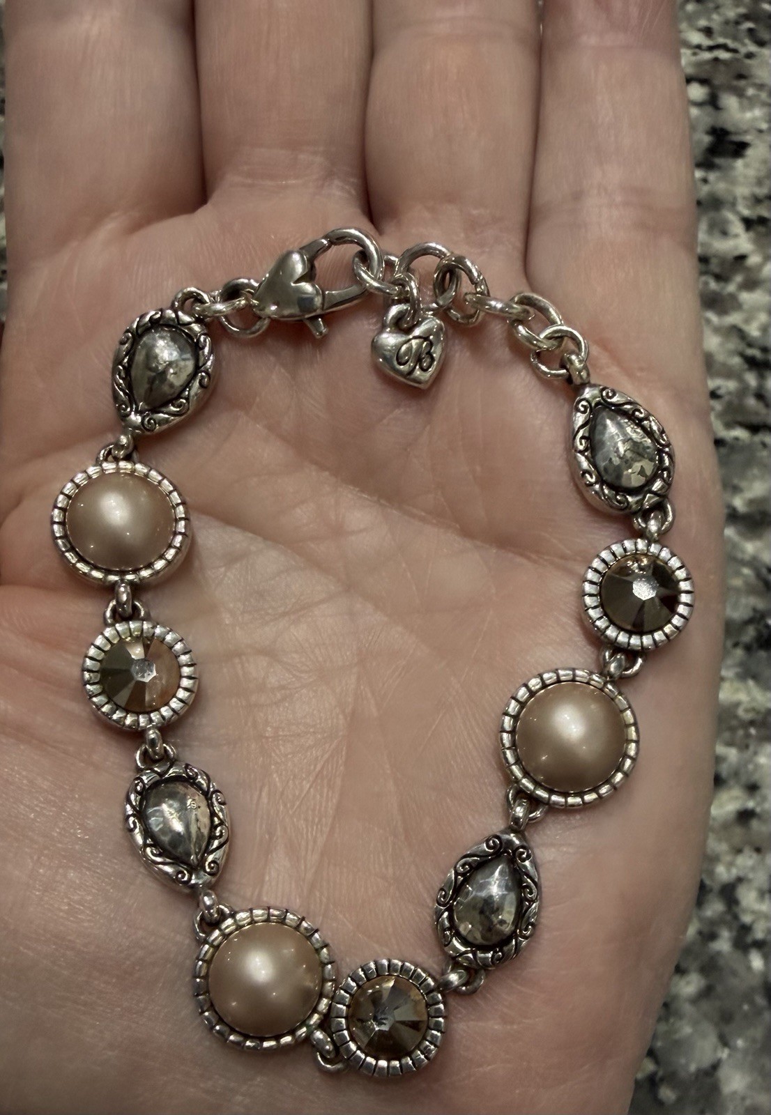 Brighton Romantic Retired Pearl Swarovski Crystal Link Bracelet Vintage Sz 7.5