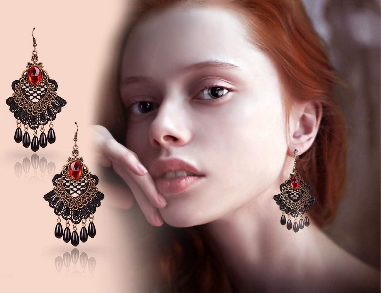 Black Lace Necklace and Earrings Set, Gothic Lolita Red Pendant Choker for a Hal