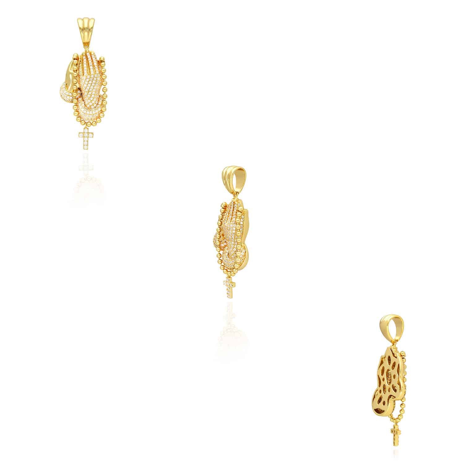 14K Gold Over Sterling Silver CZ Praying Hand Cross Pendant 1.57″