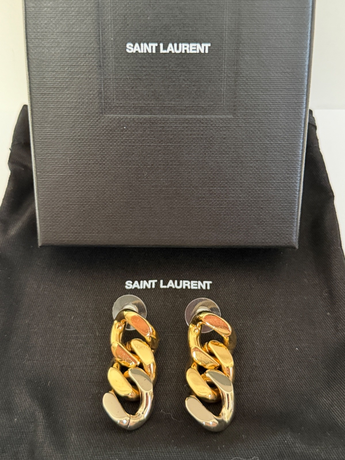 NIB Saint Laurent YSL Triple Curb Chain Link Antique Gold Drop Earrings $795