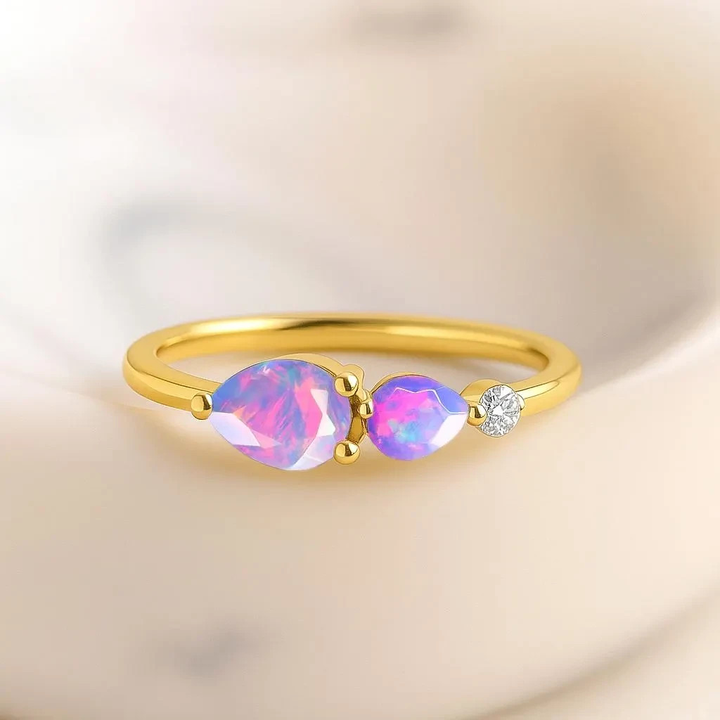 Lavender Fire Opal Three Gemstone Stackable Ring, AAA Lavender Opal Gemstone Gol