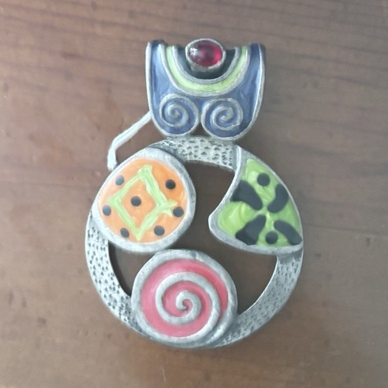 Multicolor Abstract Artisan Enamel Metal Pendant Necklace