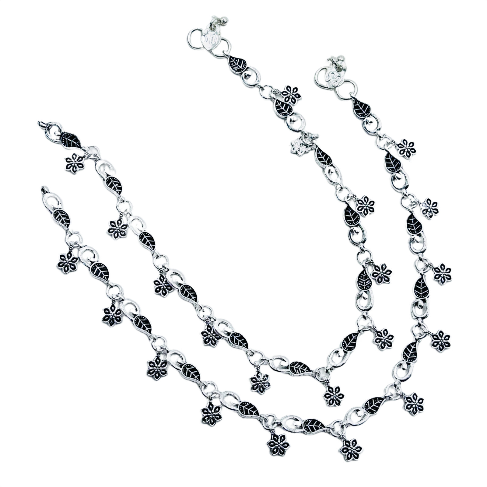 Oxidized Silver Plated Anklet With Floral And Leaf Design / Ethnic Boho Chain