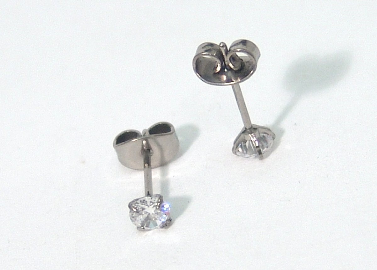 Implant Grade Titanium Stud Earrings Hypoallergenic 4mm Pair Cubic Zirconia