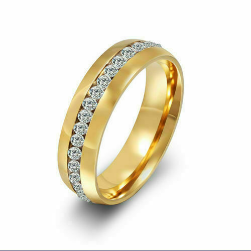Women’s Stainless Steel Gold Color Rhinestone Round Ring Size 6-11 Band