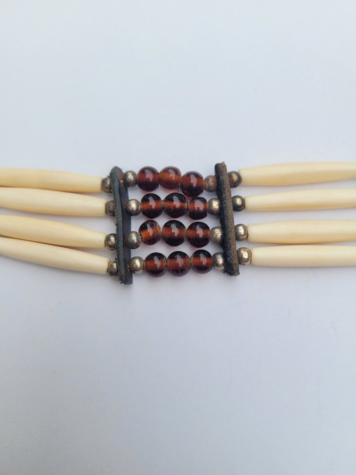 Buffalo Bone 4 Line Choker Brown Beaded Native American Necklace Beige