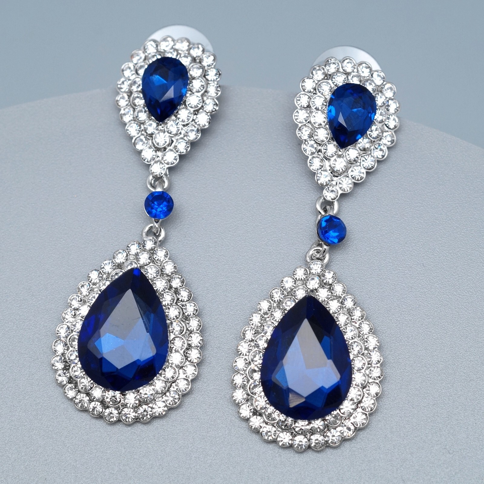 Drop Dangle Earrings Simulated Sapphire Blue Rhinestone Silver Plated Wedding 43
