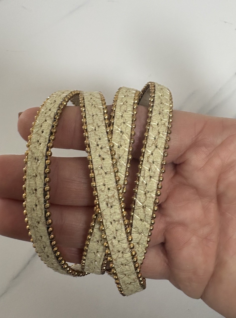 Gold Toned Beaded Multi Wrap Faux Leather Bracelet Neutral Boho Snap Closure