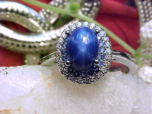 Genuine Blue Star Sapphire Ring 8x6mm & Blue Topaz 925SS White Gold Finish Sz 10