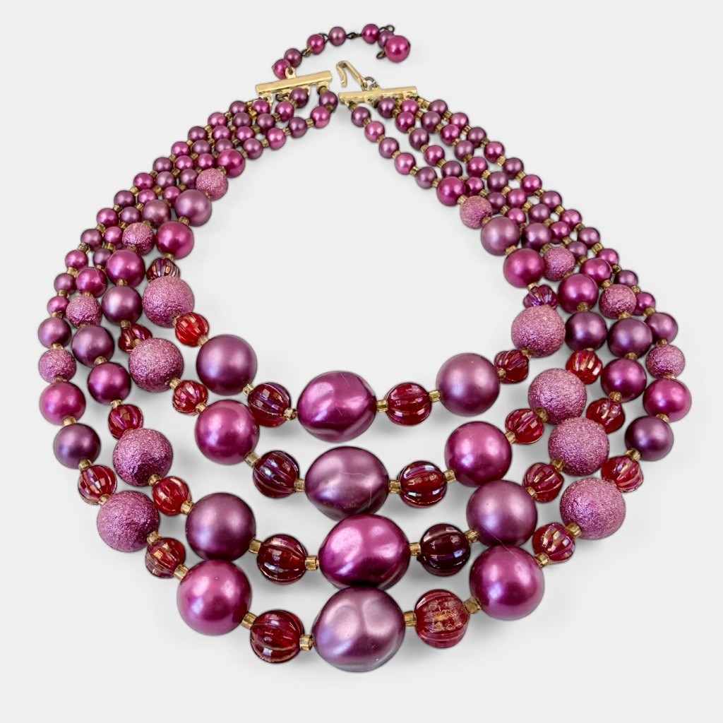 Vintage 1950s Pink Multi Strand Faux Pearl Necklace Red Aurora Borealis Beads