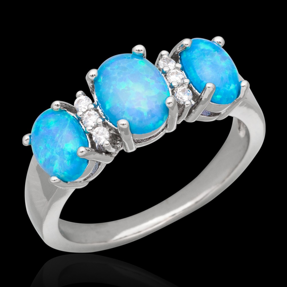 Three-Stone Ocean Blue Fire Opal Cabochon CZ Silver Jewelry Ring Size 6 7 8 9