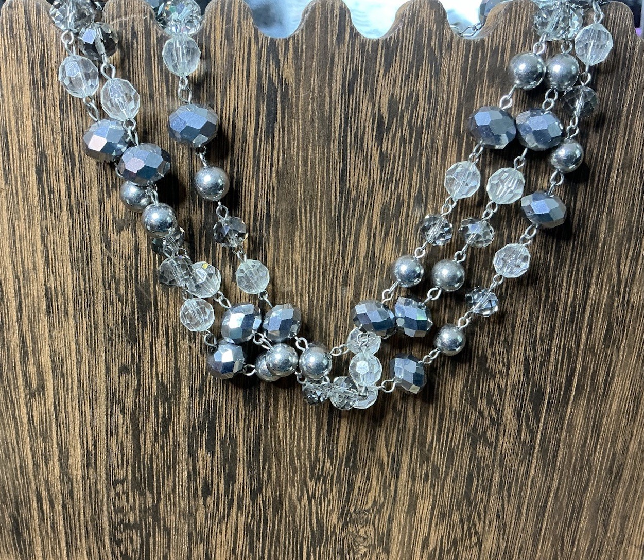 Layered Gray Faux Pearl & Clear Round Crystal Beaded Necklace Charm Adjustable