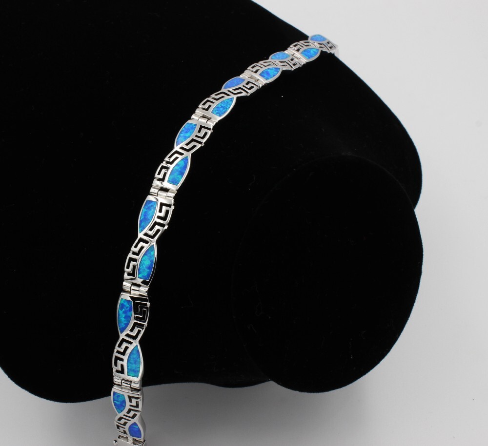 Hawaii Beach Blue Square 925 Sterling Sliver Fire Opal Bracelet 18cm