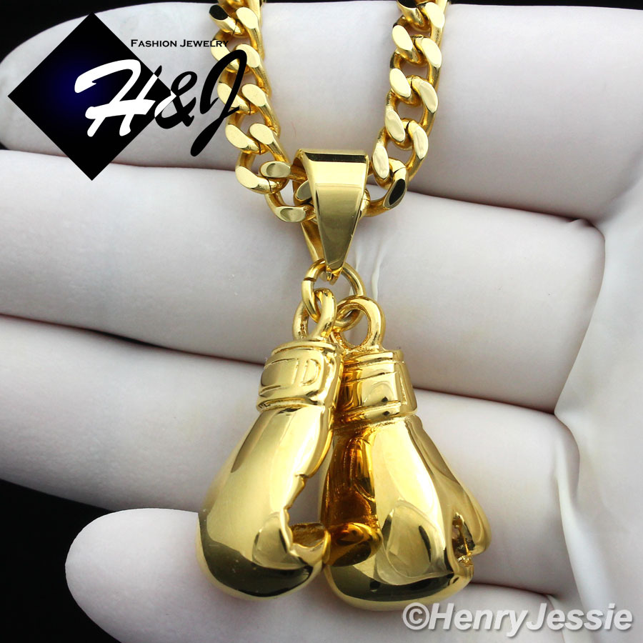 20″MEN Stainless Steel 5mm Gold Plated Cuban Curb Chain Boxing Glove Pendant*G87