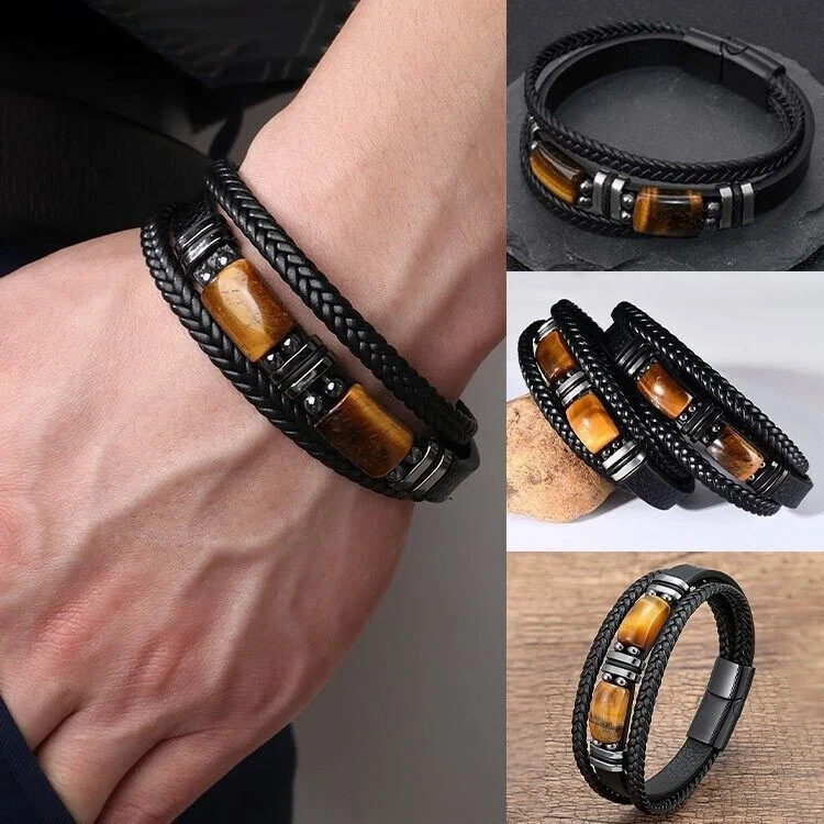 Tiger Eye Black Leather Men Bracelet Strength Crystal Stone Healing Fashion Gift