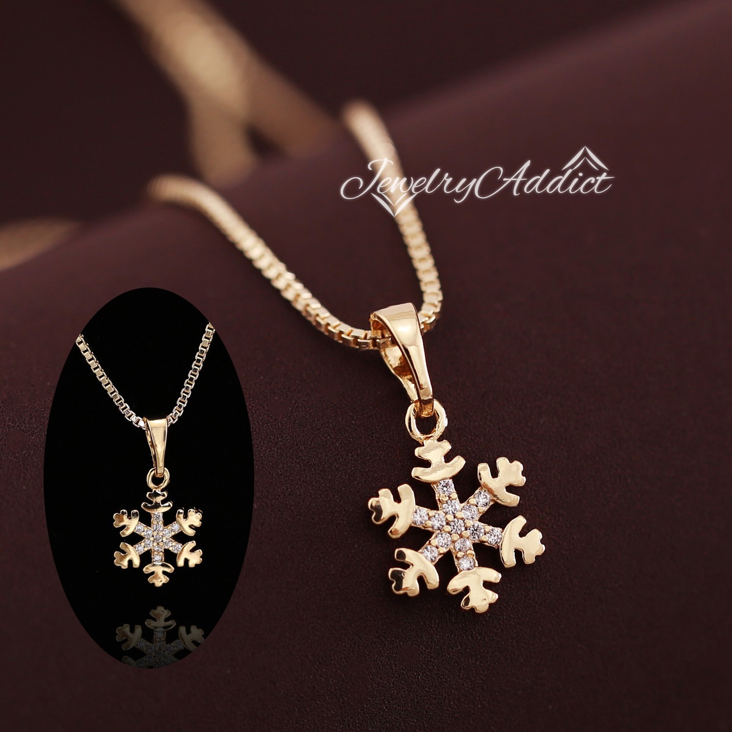 Womens Girls 18K Rose GOLD Filled Frozen Gift Snowflake Crystal PENDANT NECKLACE