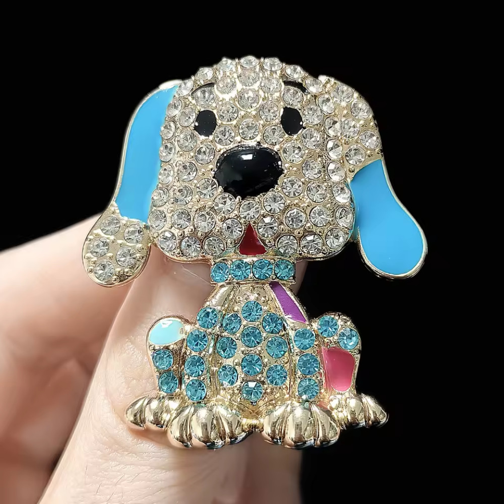 Sparkling Blue Rhinestone Dog Brooch Animal Gold Pin Spring Summer Jewelry Gift