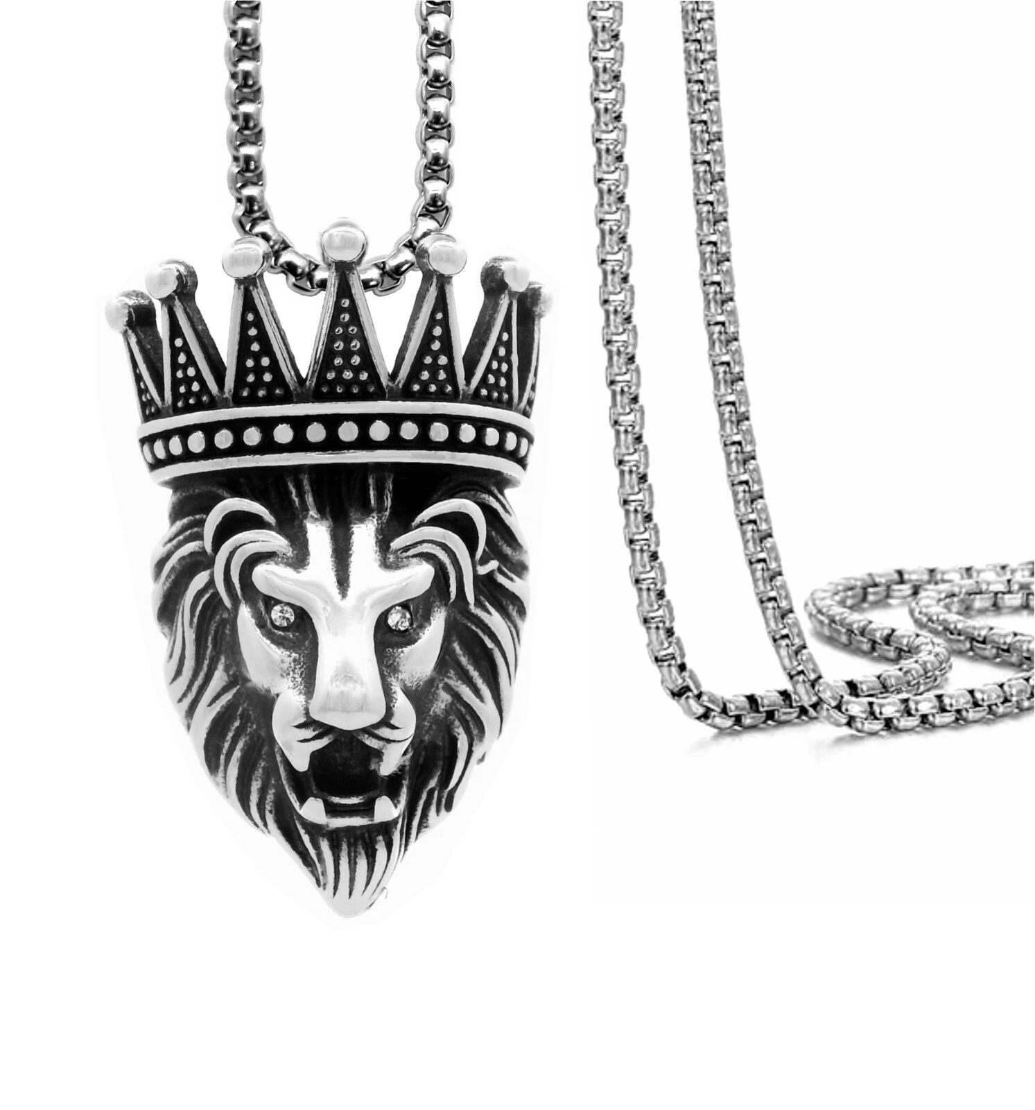 Tioneer Lion Head with Crown Steel Pendant 24 inch Box Chain