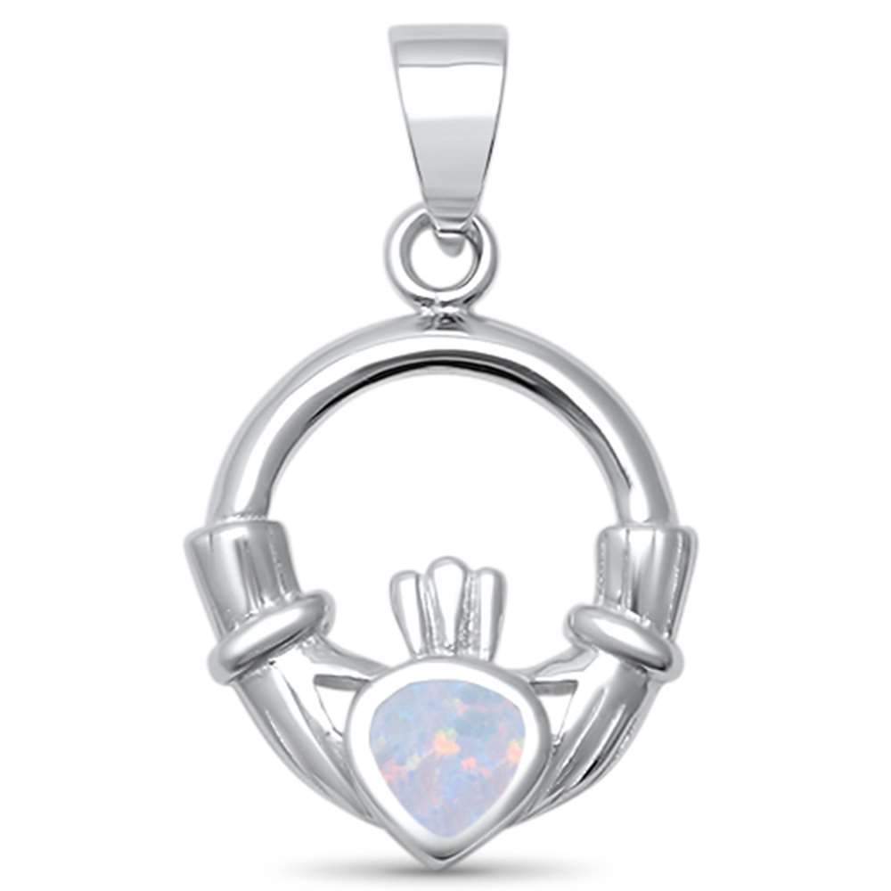 White Opal Claddagh .925 Sterling Silver Pendant