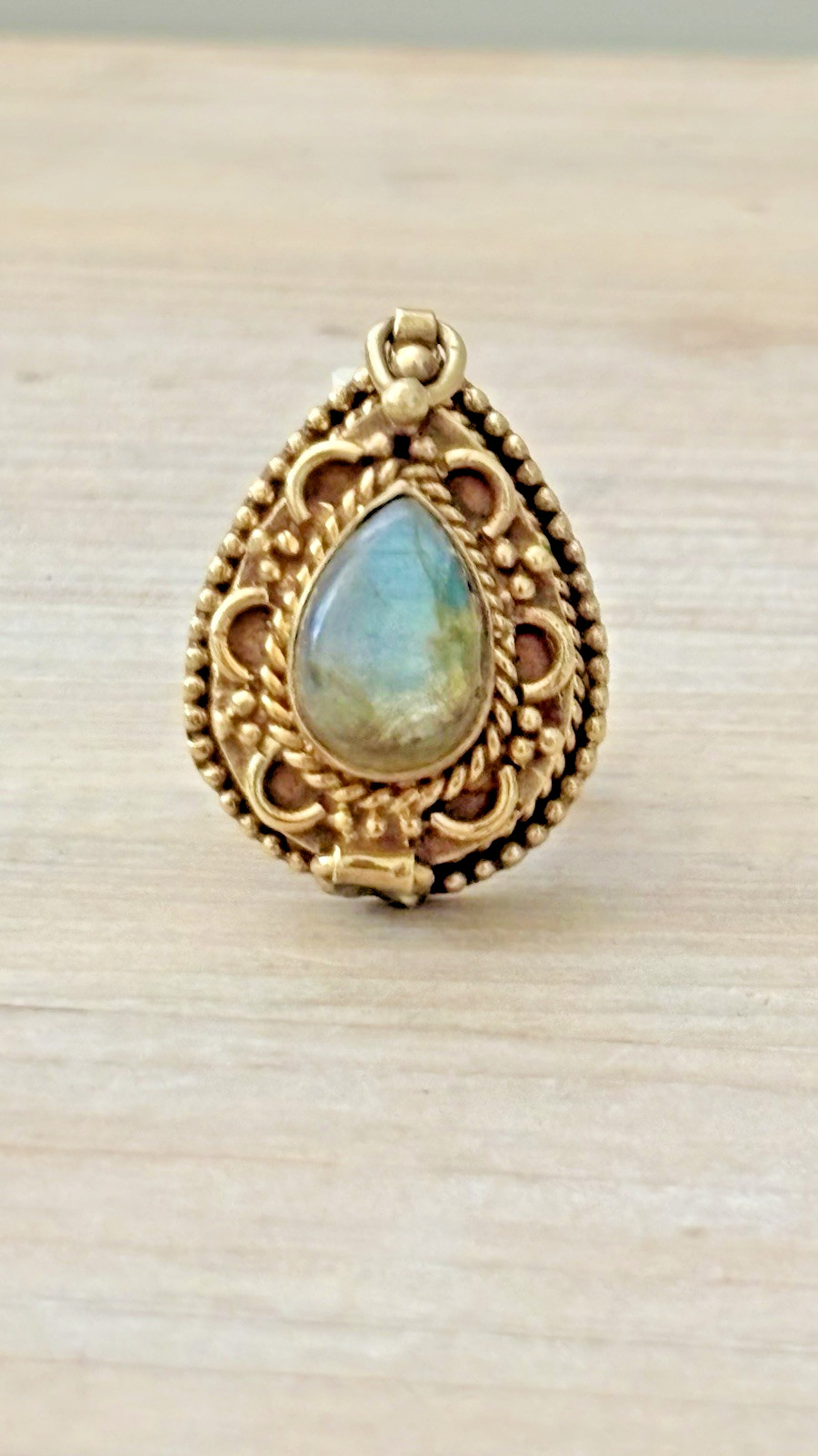 Solid Brass Labradorite Poison Ring Secret Compartment Made in India NWOT