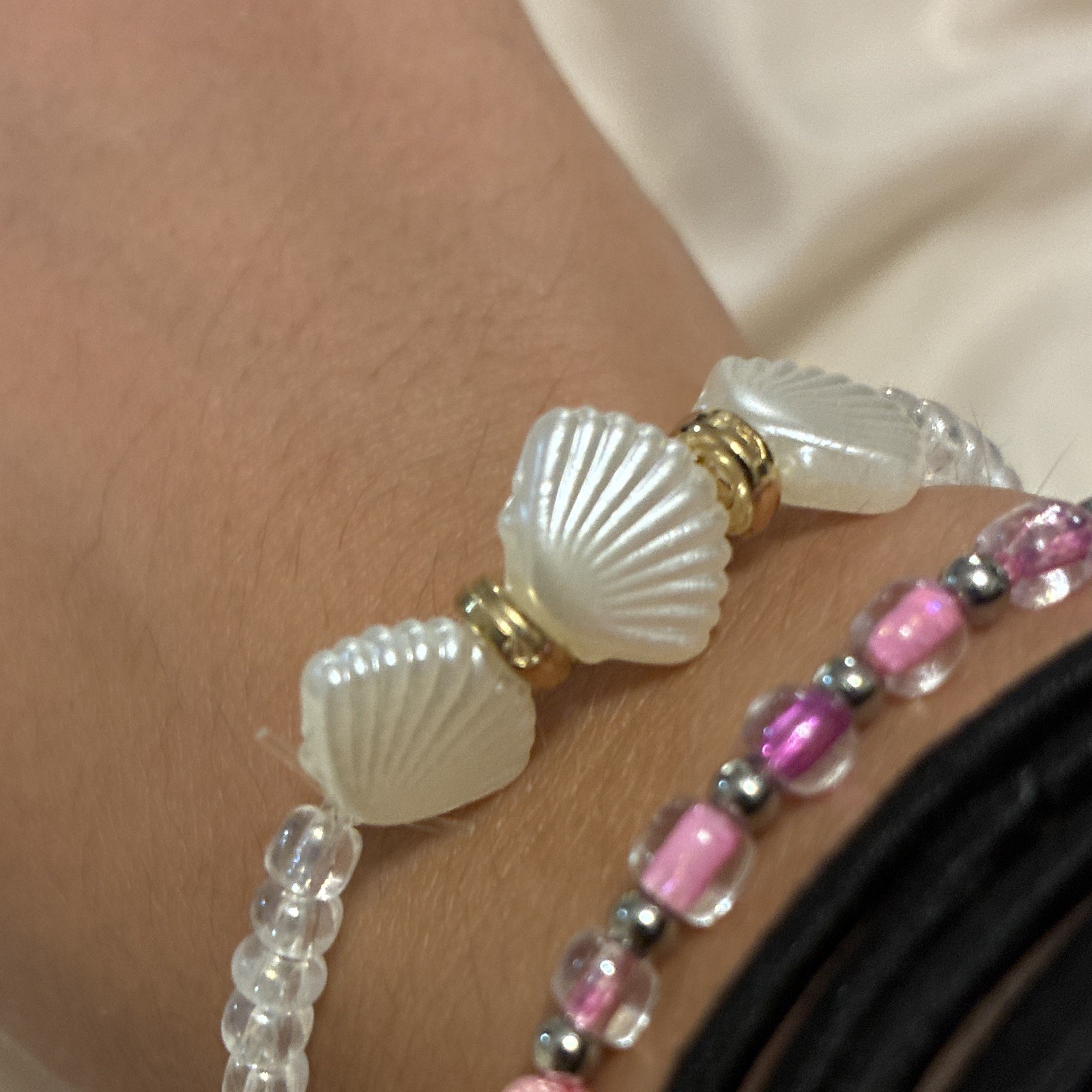 White Clear Gold seed beads, Beaded Charm Bracelet Shell Dangle Adjustable