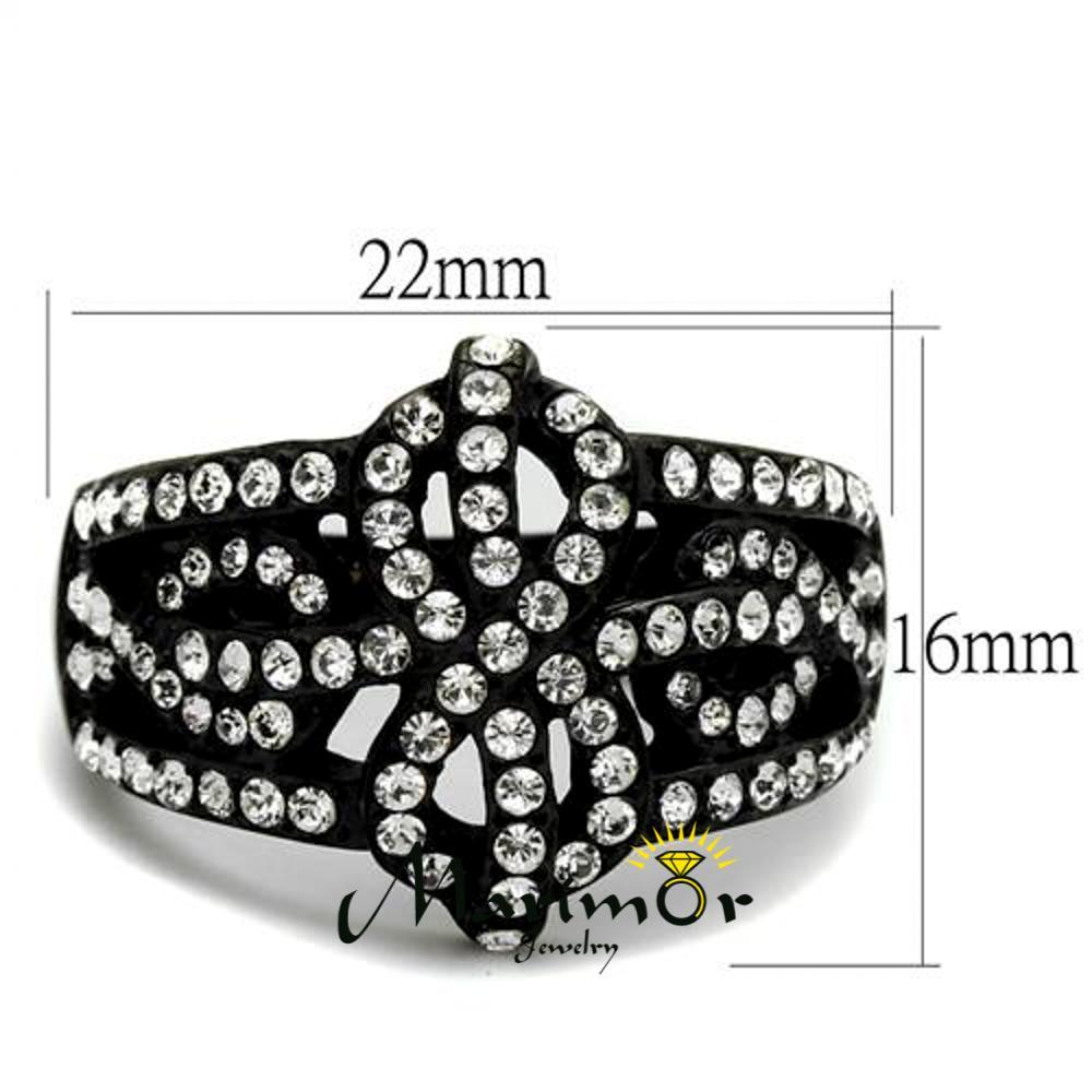 Stainless Steel Black Ion Plated Bow Design Crystal Fashion Ring Women’s Sz 5-10