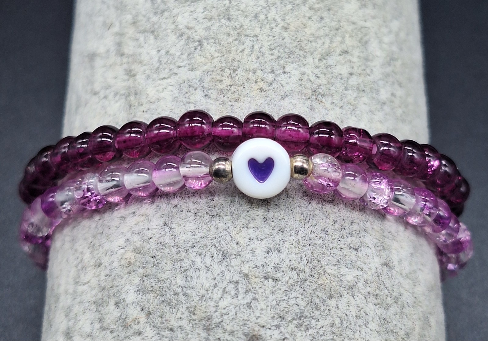 Set of Two Purple Handmade Bracelet w Glass Beads and Heart Charm