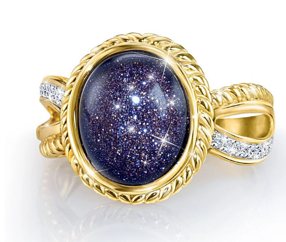 925 Silver Ring With Gold Overlay Starry Night Blue Cabochon Stone ring