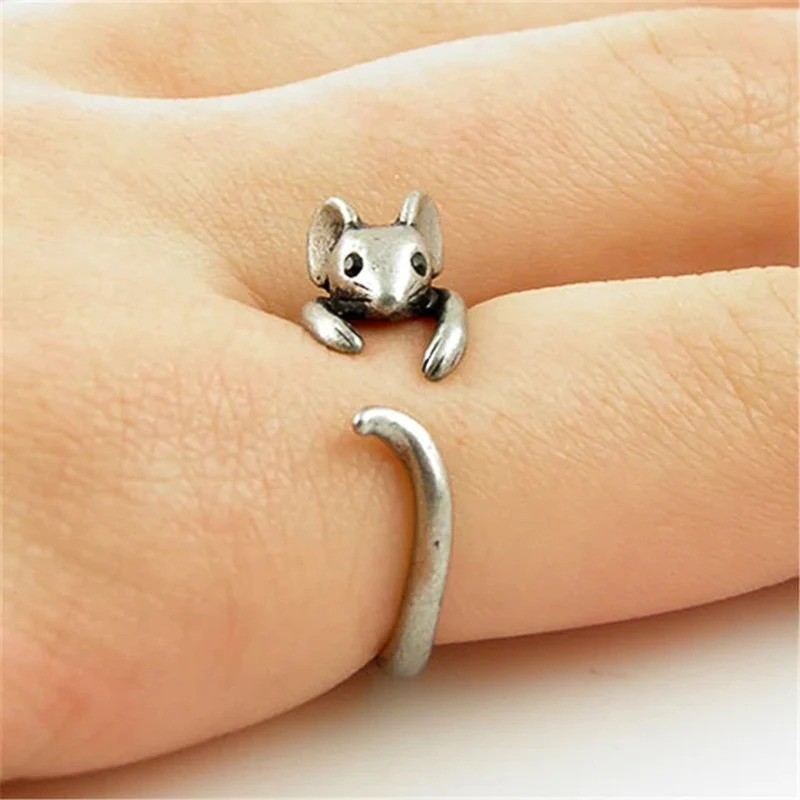 Huitan Vintage Mouse Animal Finger Ring for Women Antique Silver Color Gothic Gi
