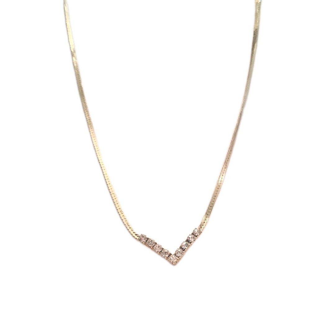 Gold Tone Snake Chain Necklace w/ V-Shaped Crystal Pendant, Adjustable