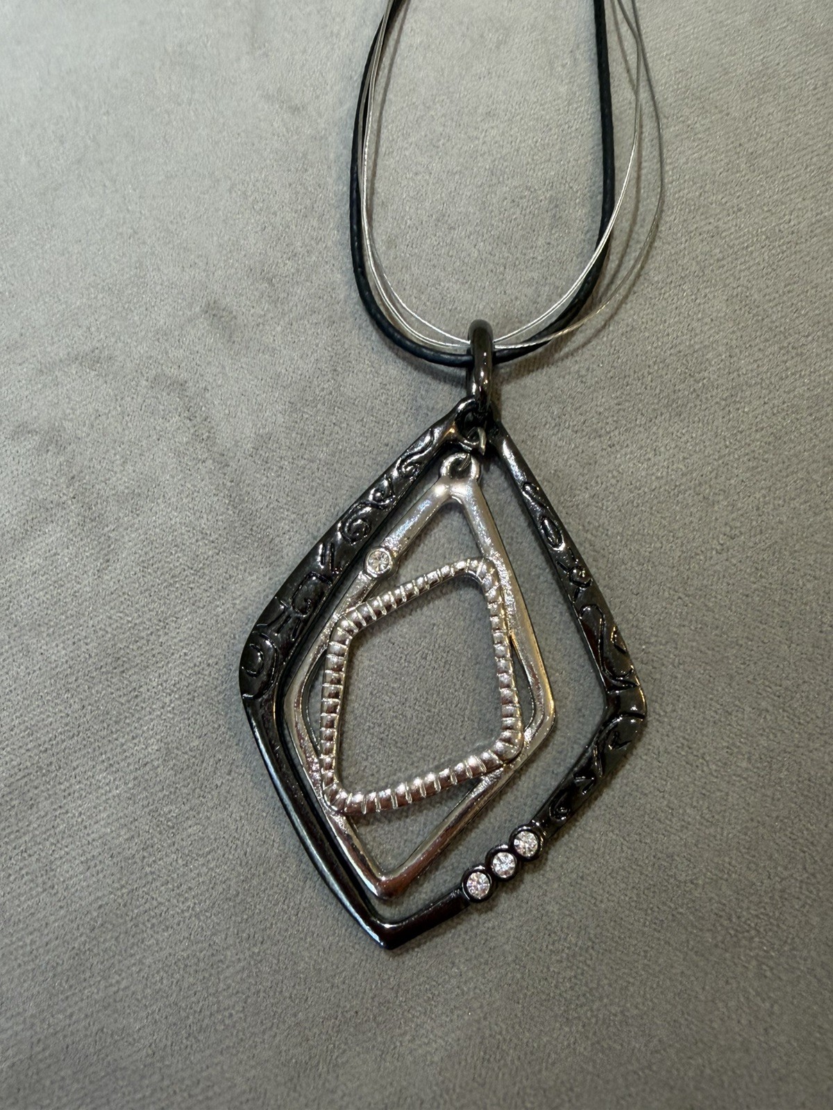 Chico’s Two-Tone Geometric Diamond Pendant Multi-Strand Cord Necklace Rhinestone
