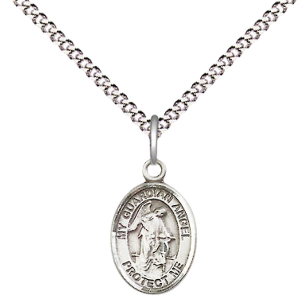 Sterling Silver Guardian Angel Medal Pendant 18″ Lobster Claw Chain Necklace
