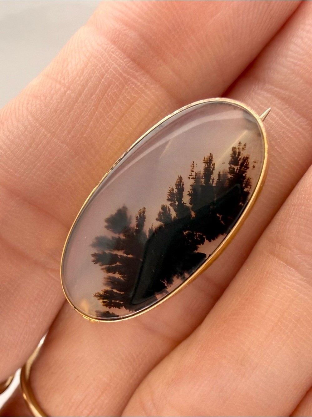 Vintage Victorian Dendritic Agate Oval Gold Filled Brooch Pin Natural Stone