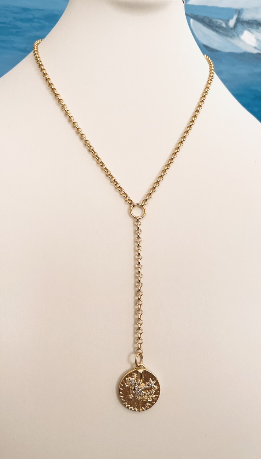 Belcher Rolo Chain Blossom Pave Star Pendant Necklace Lariat Medallion Charm