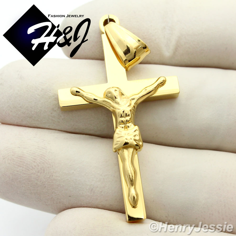18-36″Stainless Steel 3mm Gold Plated Box Link Chain JESUS Cross Pendant*GP62