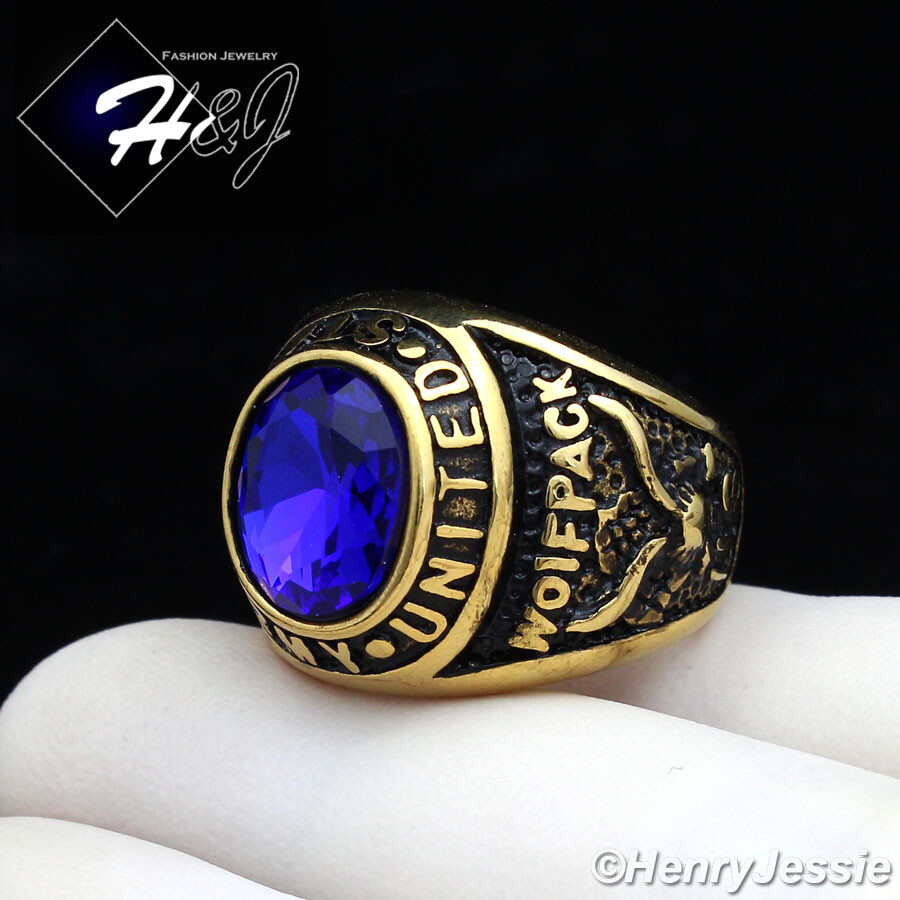 Stainless Steel US Army Military Gold/Black Plated Blue Rhinestone Oval Ring*100