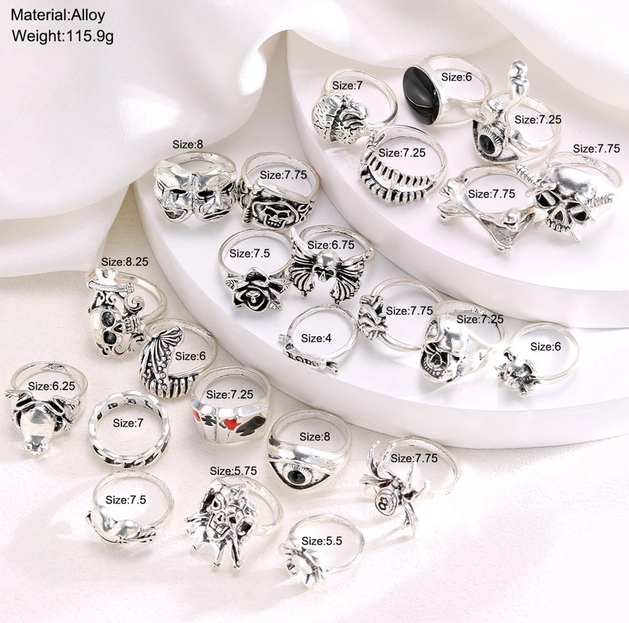 24pcs Gothic Skeleton Ring Set Punk Grunge Unisex Street Jewelry Gift – NEW